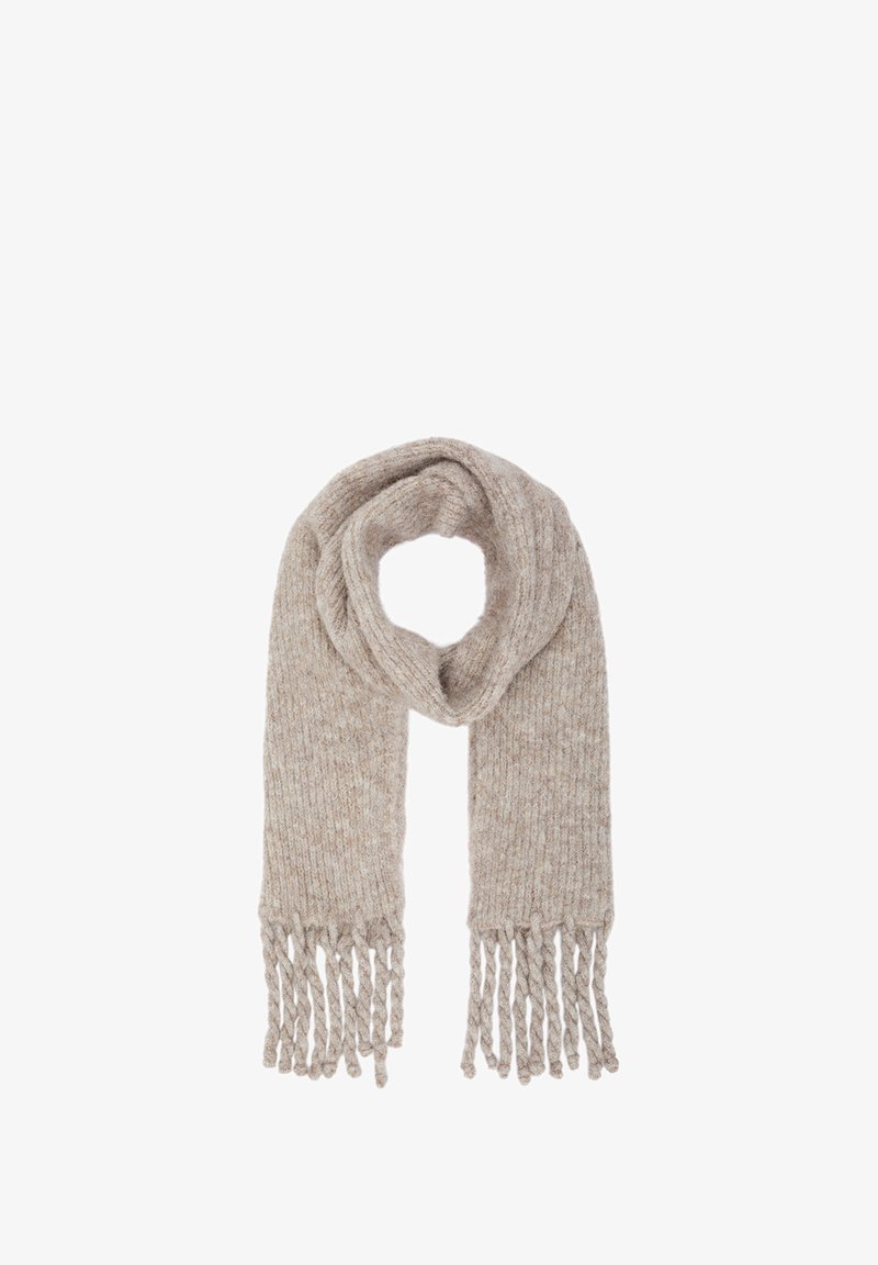 Beigefarbener Strickschal mit fransigen Enden, weich in der Textur und mit einem gerippten Design. Leicht und vielseitig für verschiedene Stylingmöglichkeiten.