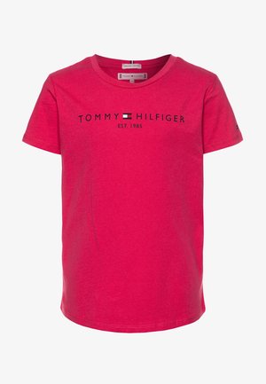 Rød kortærmet bomulds-T-shirt med "Tommy Hilfiger Est. 1985" og mærkelogo trykt i sort og hvid på brystet.