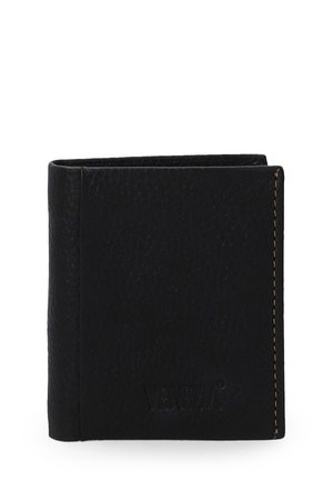 Black leather wallet with a textured surface, bi-fold design, contrasting stitching, and embossed branding on the front. Compact and rectangular shape.
