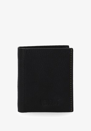 Black leather wallet with a textured surface, bi-fold design, contrasting stitching, and embossed branding on the front. Compact and rectangular shape.