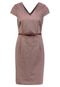 Robe marron à pois avec un décolleté en V, des manches courtes et une ceinture marron à la taille. Tissu lisse avec une coupe ajustée et deux poches latérales.