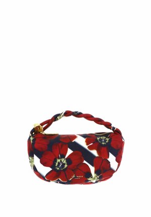 Kleine Handtasche mit verdrehtem Griff, rotem Mohnblumenmuster auf schwarz-weißem Hintergrund, goldenem Reißverschluss und "Ted Baker London"-Logo.