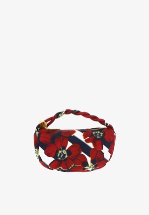 Piccola borsa con manico attorcigliato, motivo di fiori di papavero rossi su sfondo bianco e nero, zip dorata e logo "Ted Baker London".