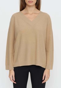 Beiger gestrickter Pullover mit V-Ausschnitt, langen Ärmeln und lockerem Sitz. Dezente Schimmereffekte im Stoff. Kombiniert mit schwarzen Hosen.