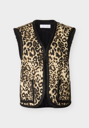 Vestă cu imprimeu leopard, cu margini negre, decolteu în V, închidere cu fermoar și două buzunare frontale. Confecționată dintr-un material moale și texturat.