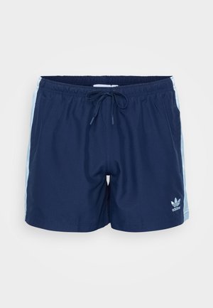 Sötétkék sportshort, rugalmas derékkal és zsinórral; világoskék oldalsávokkal; az alsó bal oldalon Adidas logóval.