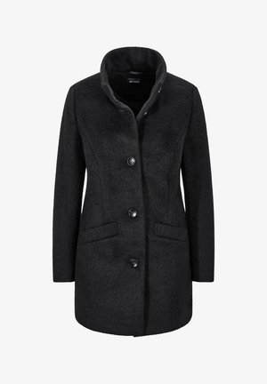Manteau en laine noire avec un col, doté d'une fermeture à bouton, de deux poches latérales et d'une finition texturée.
