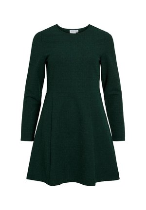 Green long-sleeve dress with a fitted bodice and flared skirt. Textured fabric and round neckline. Label visible inside neckline.