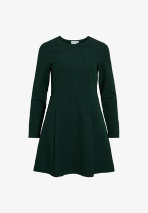 Green long-sleeve dress with a fitted bodice and flared skirt. Textured fabric and round neckline. Label visible inside neckline.