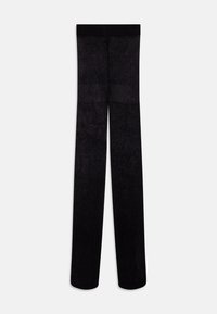 Leggings noirs avec une texture lisse, une taille haute et des jambes droites, présentant des motifs tonals subtils. Tissu extensible.