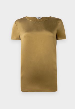 Krátky rukáv top v olivovozelenej saténovej farbe, s okrúhlym výstrihom a hladkou textúrou. Jednoduchý dizajn so strihom bez ozdôb.