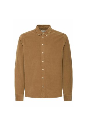 Brown corduroy long-sleeve shirt with a button-down collar, featuring a front button placket and a smooth texture.
