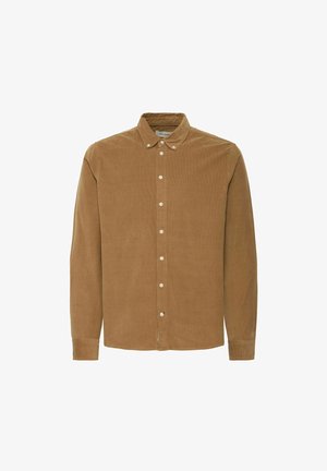 Brun corduroy langærmet skjorte med button-down krave, med en front knap-stolpe og en glat tekstur.