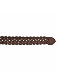 Brun flettet læderbælte med flad design, der har en forlænget ende og subtil logoaftryk på spidsen. Holdbar og tekstureret finish.