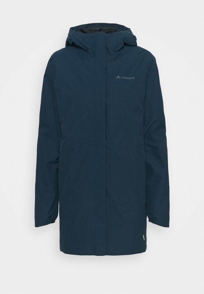 Veste imperméable bleu marine avec capuche, fermeture éclair sur toute la longueur à l'avant et logo discret. Elle présente une coupe droite et des manches longues. Texture douce.