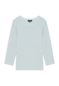 Helles blaues Strickpullover mit einem strukturierten Diamantmuster, Rundhalsausschnitt, drei Knöpfen an der Schulter und Dreiviertelärmeln.
