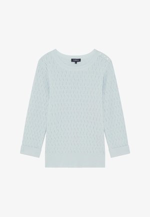 Helles blaues Strickpullover mit einem strukturierten Diamantmuster, Rundhalsausschnitt, drei Knöpfen an der Schulter und Dreiviertelärmeln.