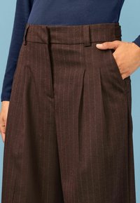 Pruunid triibulised püksid voldikute ja kõrge vöökohaga, külgtasku ja sileda kangastruktuuriga.