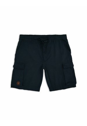 Navy blue cargo shorts made from lightweight fabric, featuring an elastic waistband, drawstring, side pockets, and a large cargo pocket.