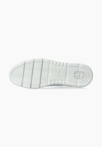 Semelle de chaussure en caoutchouc blanc avec un motif texturé en zigzag, présentant des rainures horizontales et une pointe arrondie pour l'adhérence et la traction.