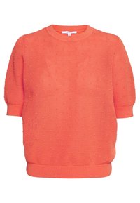 Koraalroze gebreide trui met een ronde hals, korte pofmouwen en een geprofileerd patroon van verhoogde stippen over het geheel. Geribbelde zoom en manchetten.
