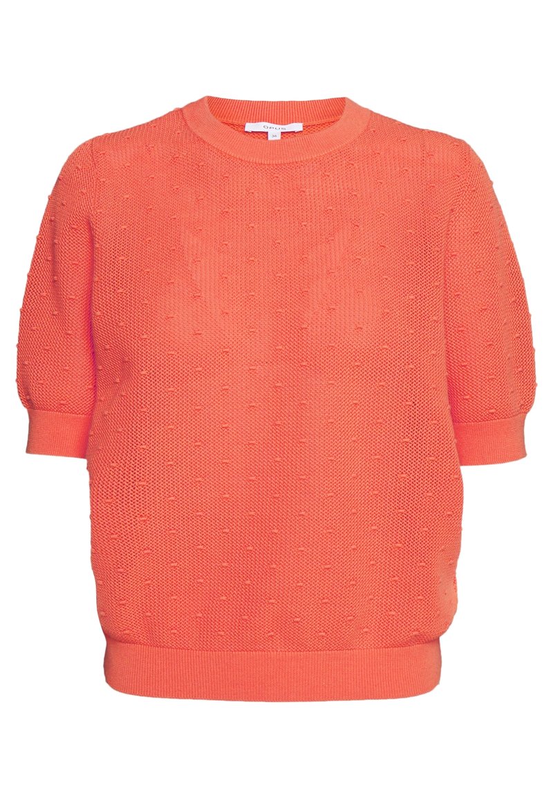 Koraalroze gebreide trui met een ronde hals, korte pofmouwen en een geprofileerd patroon van verhoogde stippen over het geheel. Geribbelde zoom en manchetten.
