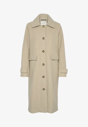 Manteau en mélange de laine beige avec une finition texturée, doté d'une fermeture à boutons sur le devant, de grandes poches et d'un col classique. Manches longues avec des poignets retroussés.