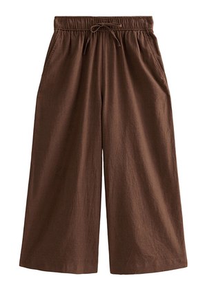 Bruine cropped broek met wijde pijpen, elastische tailleband en trekkoord, voorzien van zijzakken en gemaakt van een lichtgewicht stof.