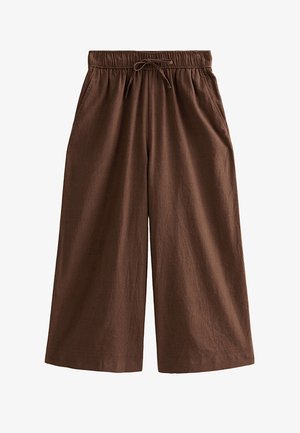 Pantalones marrones de pierna ancha y corte crop con cintura elástica y cordón, con bolsillos laterales y confeccionados en una tela ligera.