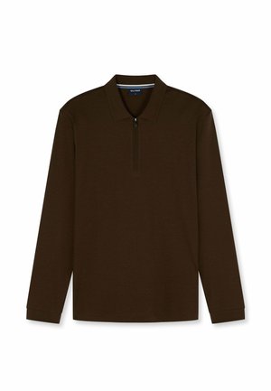 Donkerbruine polo met lange mouwen, een kleine kraag en een halve rits aan de voorkant in het midden.