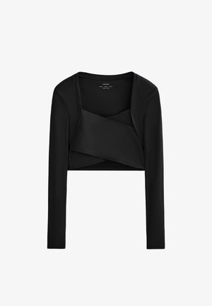 Zwarte cropped long-sleeve top van soepel materiaal, met een wikkeldesign aan de voorkant, een ronde halslijn en nauwsluitende mouwen.