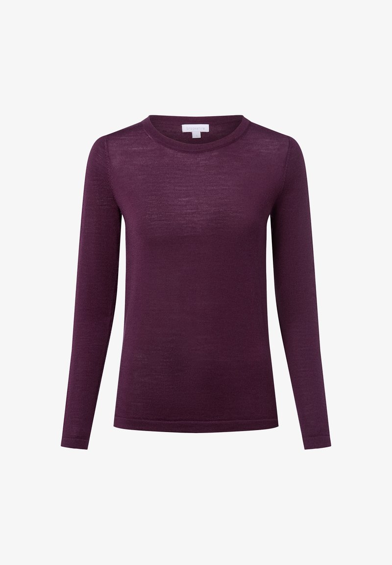 Długi rękaw w głębokim purpurze, wykonany z lekkiego materiału. Posiada okrągły dekolt i dopasowany kształt o gładkiej fakturze.