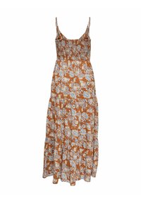 Maxi-kjole i brun med blå blomsterprint, der har tynde stropper og en smocket bodice. Luftigt design med lagdelt volangkant.