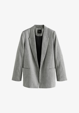Szary żakiet w teksturowanym wzorze w jodełkę. Z klapami, otwierany z przodu, z dwiema przednimi kieszeniami. Czarne podszewka w środku.
