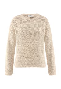 Beige gestrickter Pullover mit lockerer Passform, der ein strukturiertes offenes Gewebe, einen weiten Halsausschnitt und gerippte Bündchen und Saum aufweist.