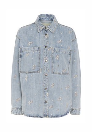 Light blue denim shirt with floral embroidery, two front pockets, button closure, and a pointed collar. Full-length sleeves with cuffs.