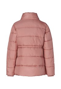 Light pink quilted puffer jacket with high collar and long sleeves, viewed from the back on a white background.