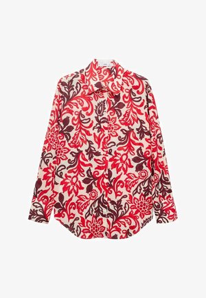 Camicia a maniche lunghe con bottoni di un leggero color crema, decorata con un motivo floreale rosso e bordeaux scuro. Presenta un colletto classico e una vestibilità comoda. Tessuto morbido.