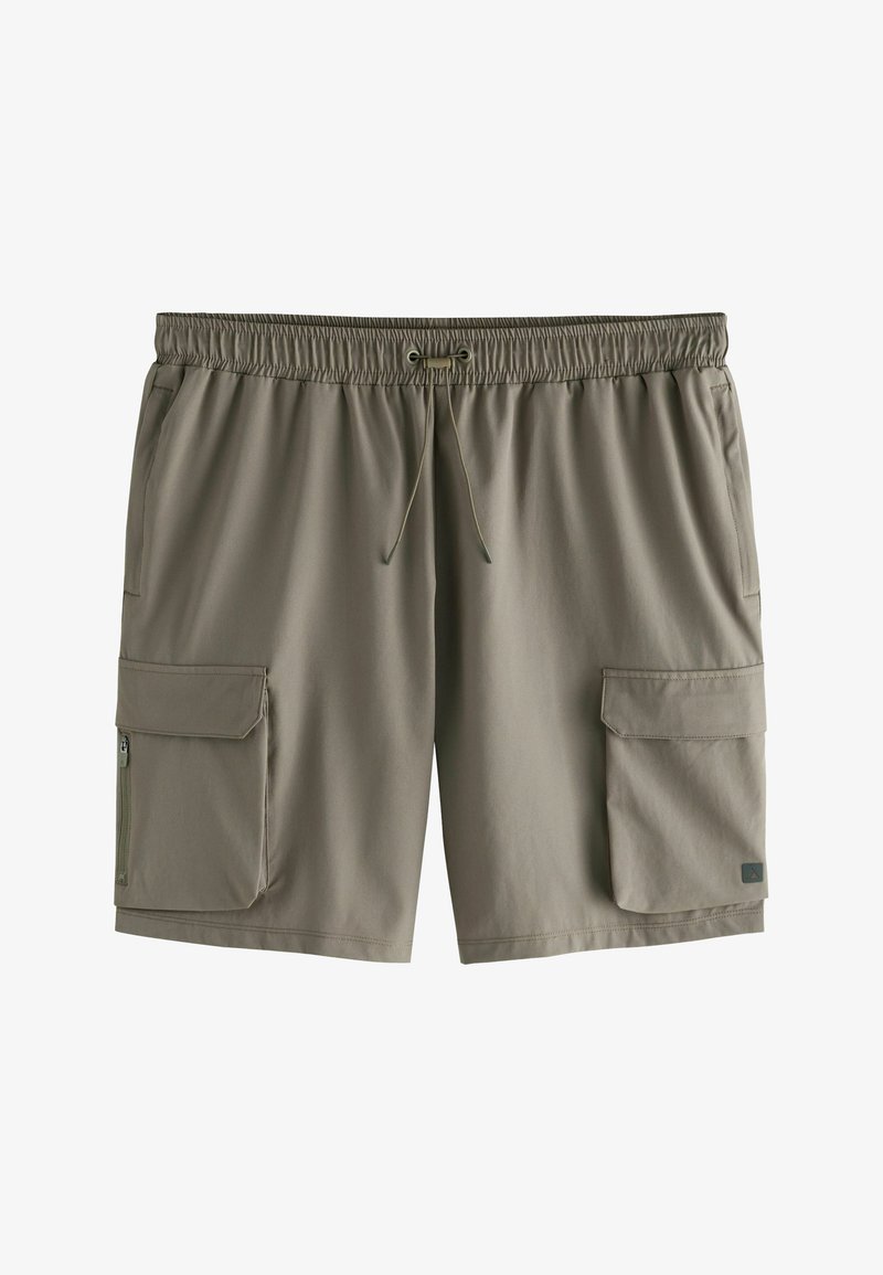Kargo šortsevi u svijetlo maslinastoj boji, s rastezljivim pojasom i vezicom, dva bočna džepa i teksturiranom tkaninom.