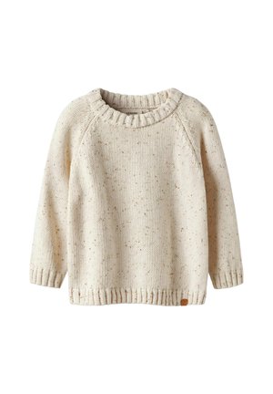 Pull en tricot couleur crème avec un col rond côtelé, des manches trois-quarts et un motif texturé à pois. Comprend une petite étiquette de marque.