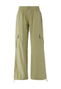 Lichtgroene cargobroek met een elastische tailleband, verstrakte pijpen en zijzakken. Gemaakt van een lichte, gladde stof.