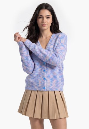 Kvinde iført en blå og pink mønstret cardigan med knapper og en beige plisseret nederdel, stående med armene over kors foran en hvid baggrund.