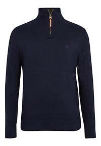 Marineblå halvdraget pullover-sweater gjord av mjukt tyg. Har ribbade ärmslut, en flexibel krage och en diskret logotyp på bröstet.