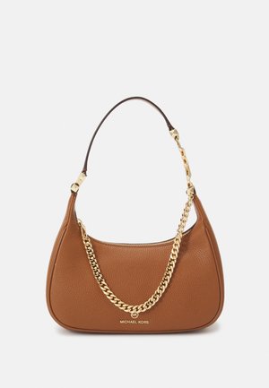 Sac à main en cuir marron avec chaîne et bandoulière dorées, fermeture zippée et logo Michael Kors à l'avant.