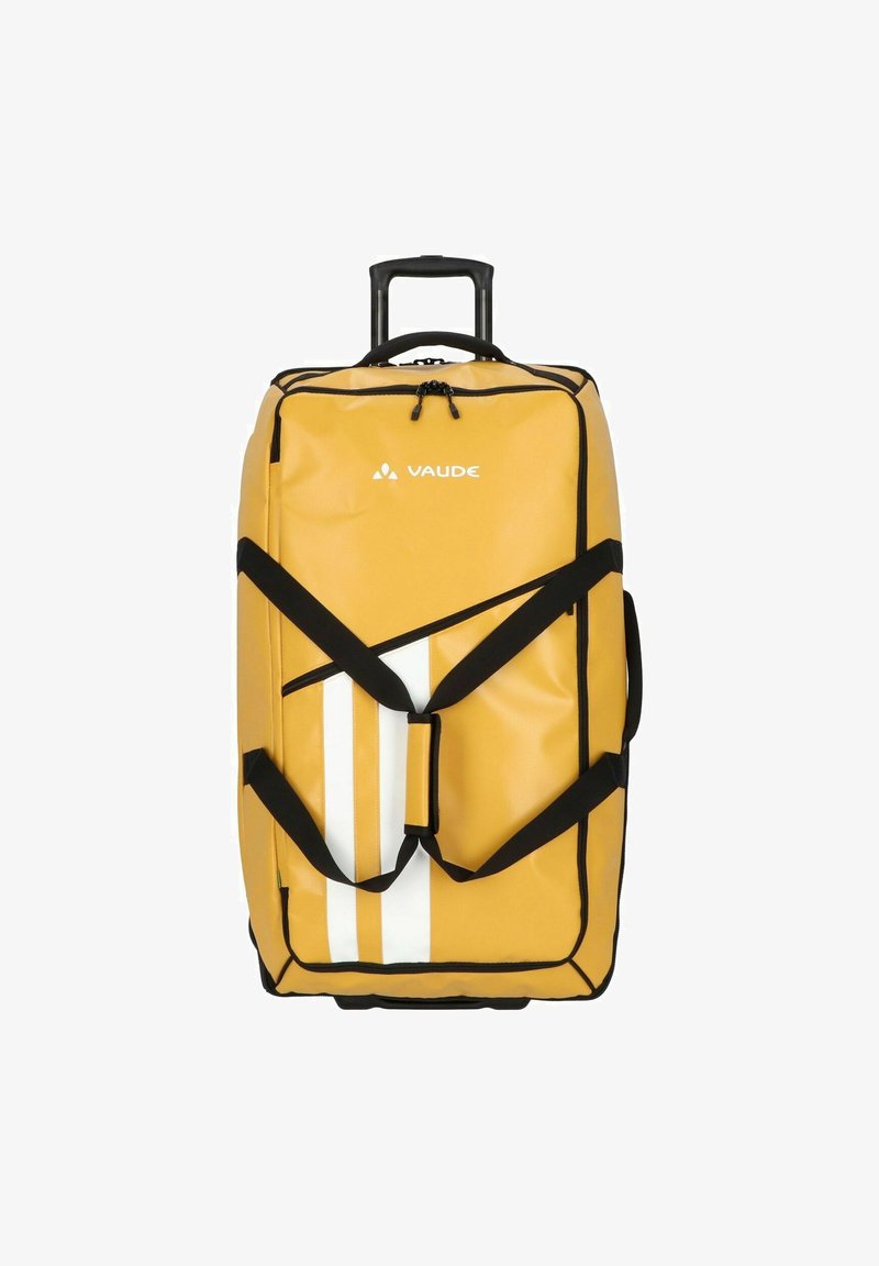 Sac de voyage à roulettes jaune avec des sangles noires, des rayures blanches et le logo VAUDE. Il dispose d'une poignée rétractable et d'un compartiment principal zippé.