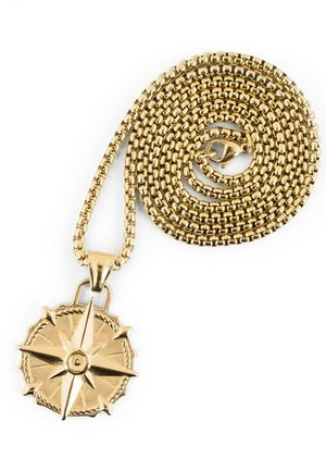 Zlati kompas ploščica na teksturirani verižici, ki vsebuje podroben dizajn kompasa z osmimi točkami in pletenim robom.