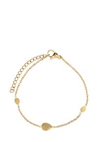 Bracciale in oro con accenti ovali e a goccia testurizzati, chiuso con un moschettone e un prolungatore a catena regolabile.