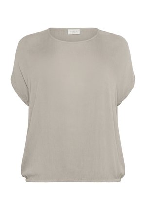 Svetlo béžová blúzka s krátkym rukávom vyrobená z mäkkej, textúrovanej tkaniny. Má voľný strih, okrúhly výstrih a zhromaždený lem.