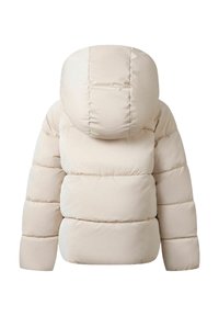 Polstret beige jakke med en tætsiddende hætte, kendetegnet ved kviltede sektioner, en glat tekstur og et cropped design. Ingen synlige lukninger.