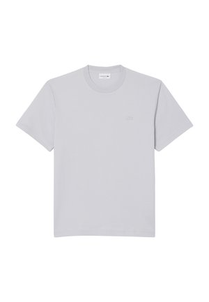 Plain light grey short-sleeve crew neck T-shirt with a small subtle logo on the left chest and a branded label inside the collar.